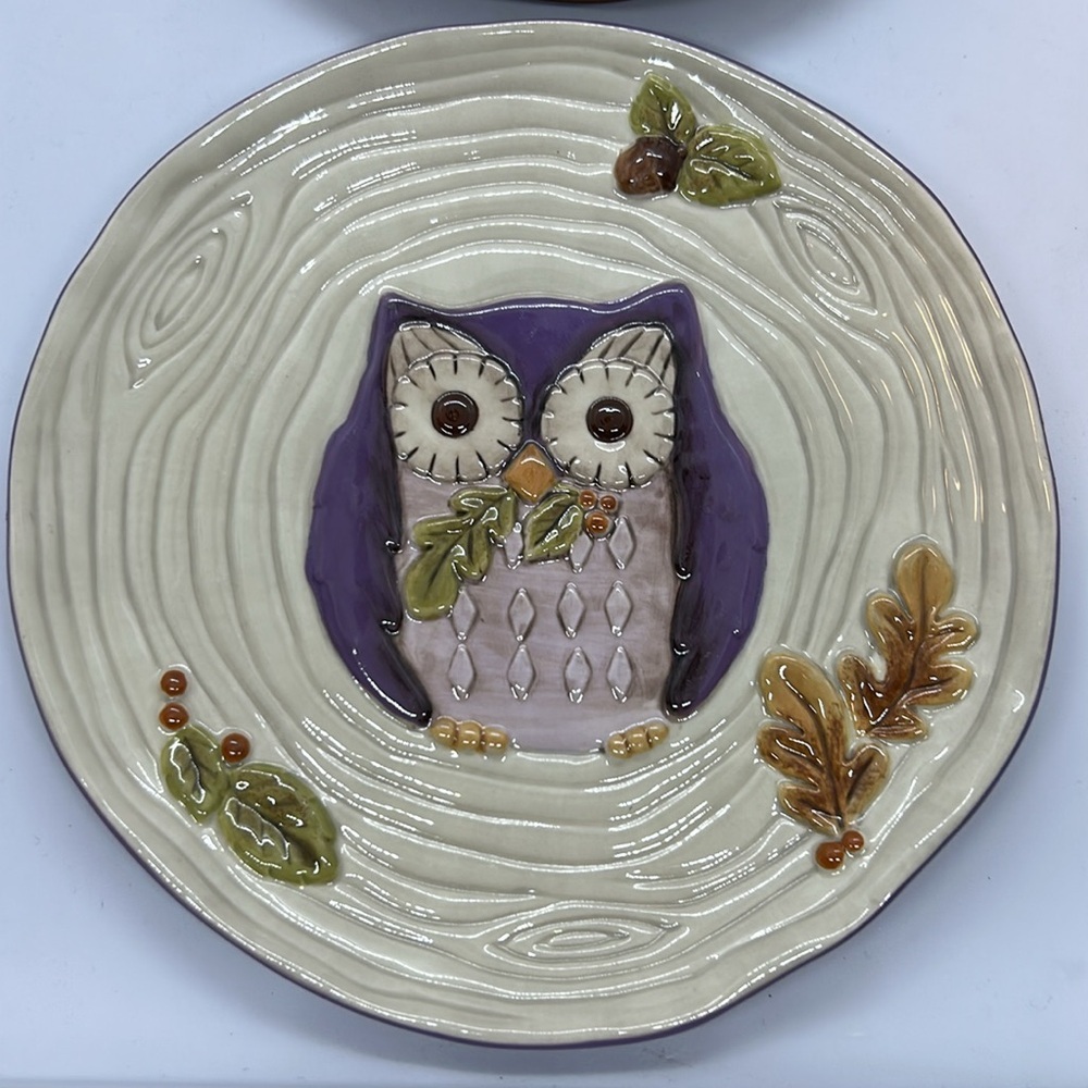 Grasslands Road OWL PLATES Woodgrain Tree Stump Leaves Set of 2 NEW WITH TAG - Picture 2 of 8